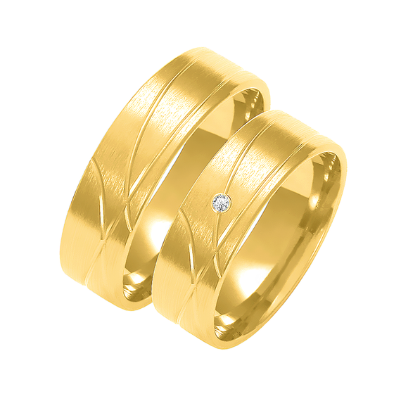 Obrączka ślubna damska: złoto 585, satynowana, ozdobne tłoczenie, diament, 6 mm