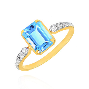 Złoty pierścionek z topazem 585 topaz oktagon 1,60 - 1,80 ct diamenty 0,19 ct 