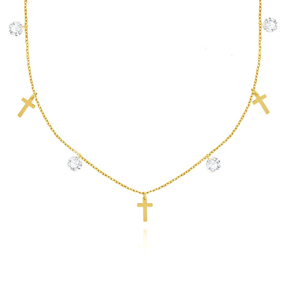 Złoty naszyjnik choker 585 krzyżyki i białe cyrkonie 36-40 cm