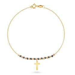Bransoletka złota z krzyżykiem i kamyczkami hematyt 585 Nyks