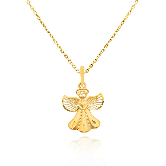 Złota zawieszka aniołek 585 ażurowy aniołek z sercem