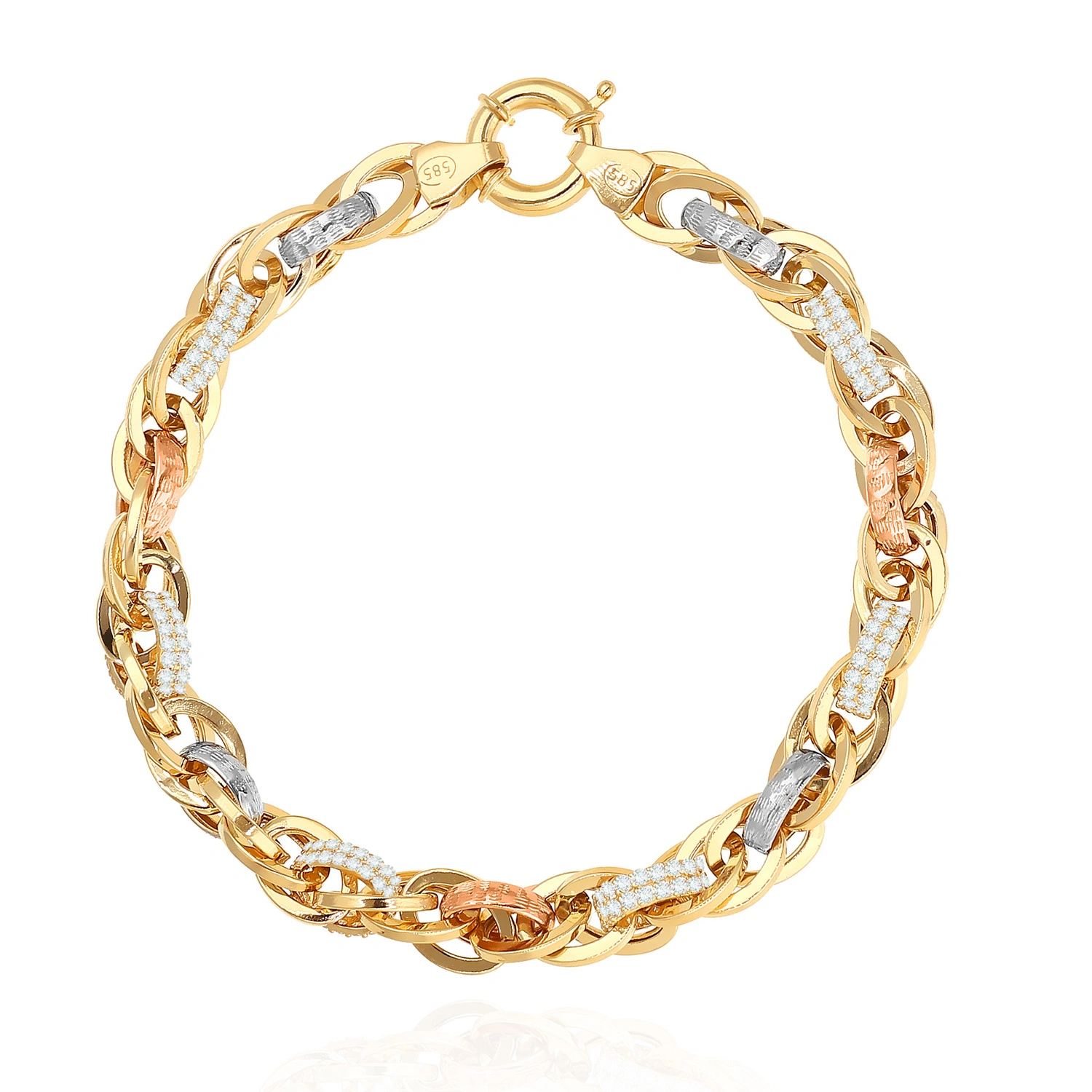 Złota bransoletka damska 585 szeroka gęsty splot 7,5 mm trzykolorowa diamentowana cyrkonie 20 cm