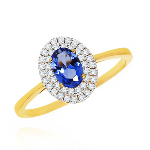 Złoty pierścionek owalna niebieska cyrkonia 585 białe cyrkonie