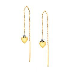 Złote kolczyki wiszące 585 długie przeciągane na łańcuszku serca z kuleczką żółte i białe złoto