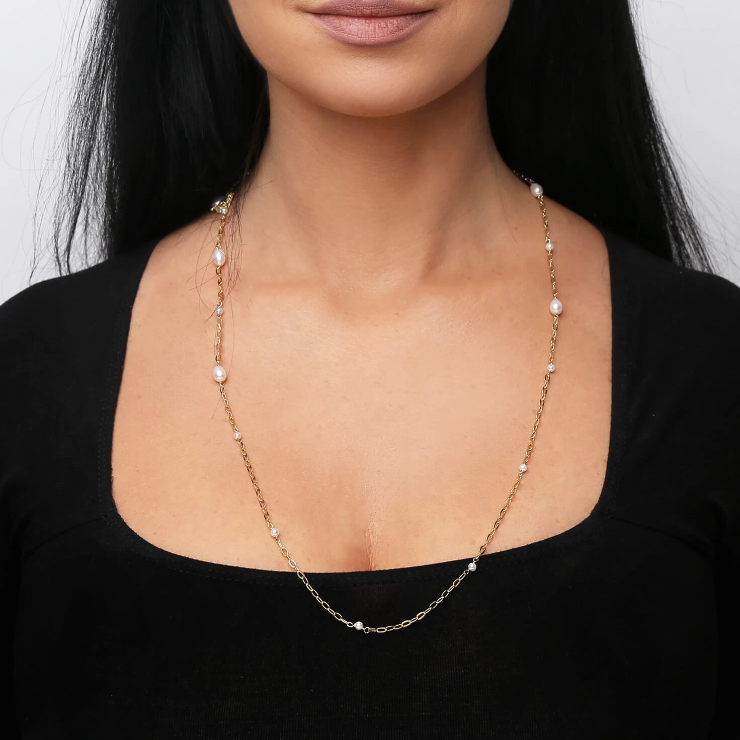 Srebrny naszyjnik pozłacany 925 długi z perłami ankier diamentowany 71 cm