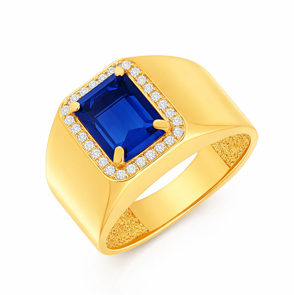 Złoty masywny sygnet pierścionek z niebieskim kamieniem 585 cyrkonie