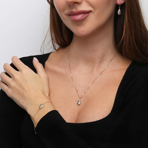 Złota bransoletka 585 ażurowa diamentowana kropla łezka łańcuszek kostka 17-19 cm  