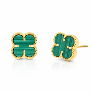 Złote kolczyki koniczyny 585 koniczynki kwiatki malachit naturalny na sztyft