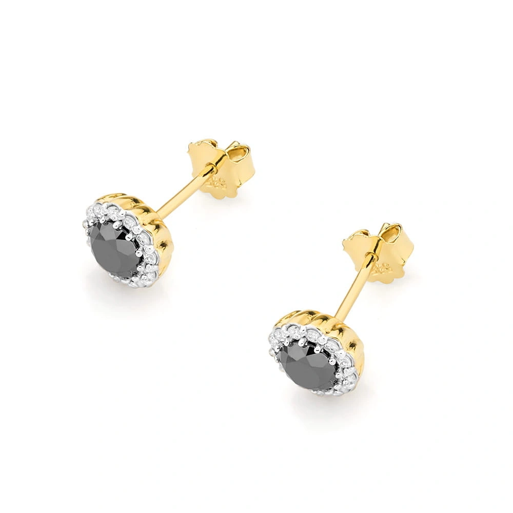 Złote kolczyki z dużym czarnym diamentem 585 czarny brylant 0,50 ct brylanty 0,10 ct sztyft