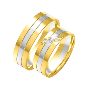 Obrączki ślubne para: białe i żółte złoto 585, diamenty, płaskie, 6 mm