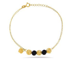 Bransoletka złota 585 serce czarne gładkie złote ażurowe kuleczki podwójny łańcuszek Nyks