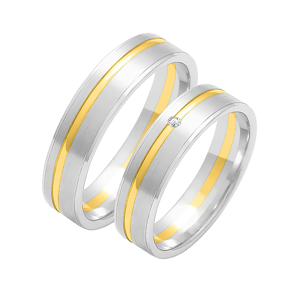 Obrączki ślubne para: białe i żółte złoto 585, diament, satynowane, płaskie, 5 mm