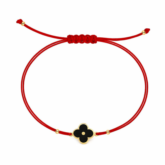 Bransoletka złota na czerwonym sznurku czarny kwiatek 585 emalia
