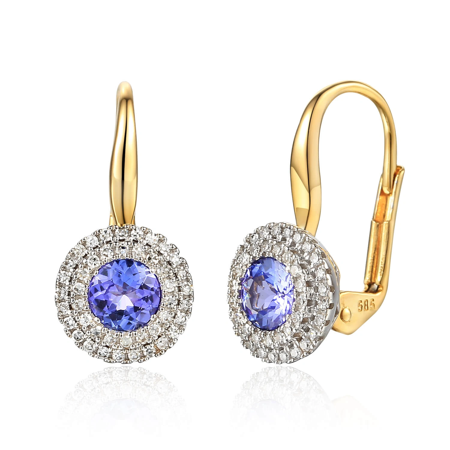 Złote kolczyki 585 tanzanity 0,86 ct diamenty 0,19 ct angielskie