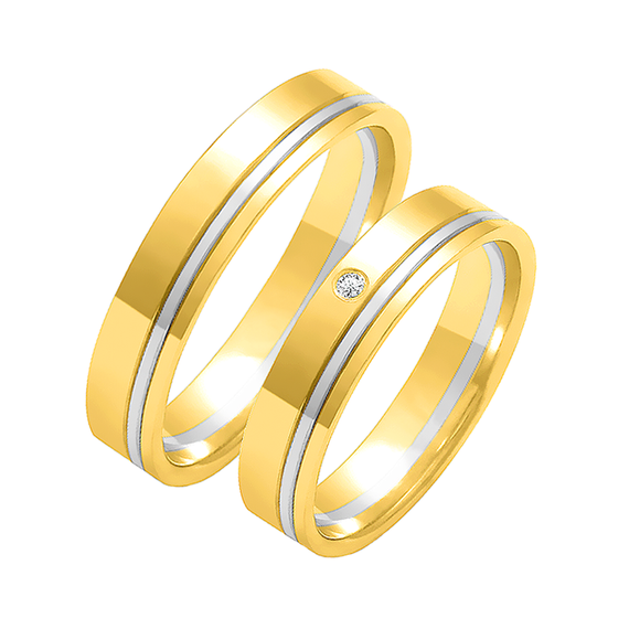 Obrączka ślubna damska: białe i żółte złoto 585, diament, płaska, 4,5 mm