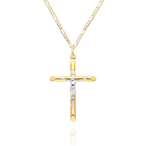 Złota zawieszka krzyż 585 Jezus na krzyżu białe i żółte złoto duża