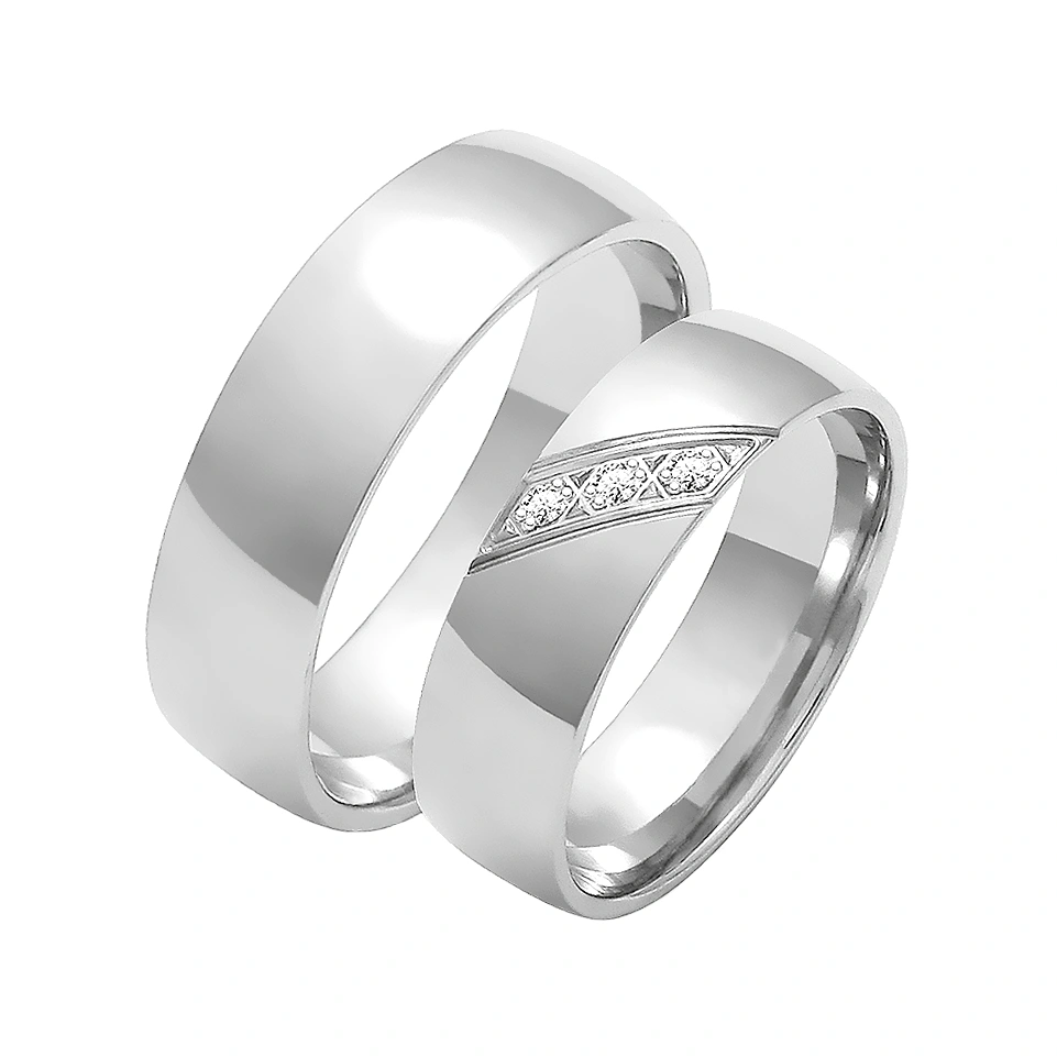 Obrączki ślubne para: białe złoto 585, diamenty, półokrągłe, 6 mm