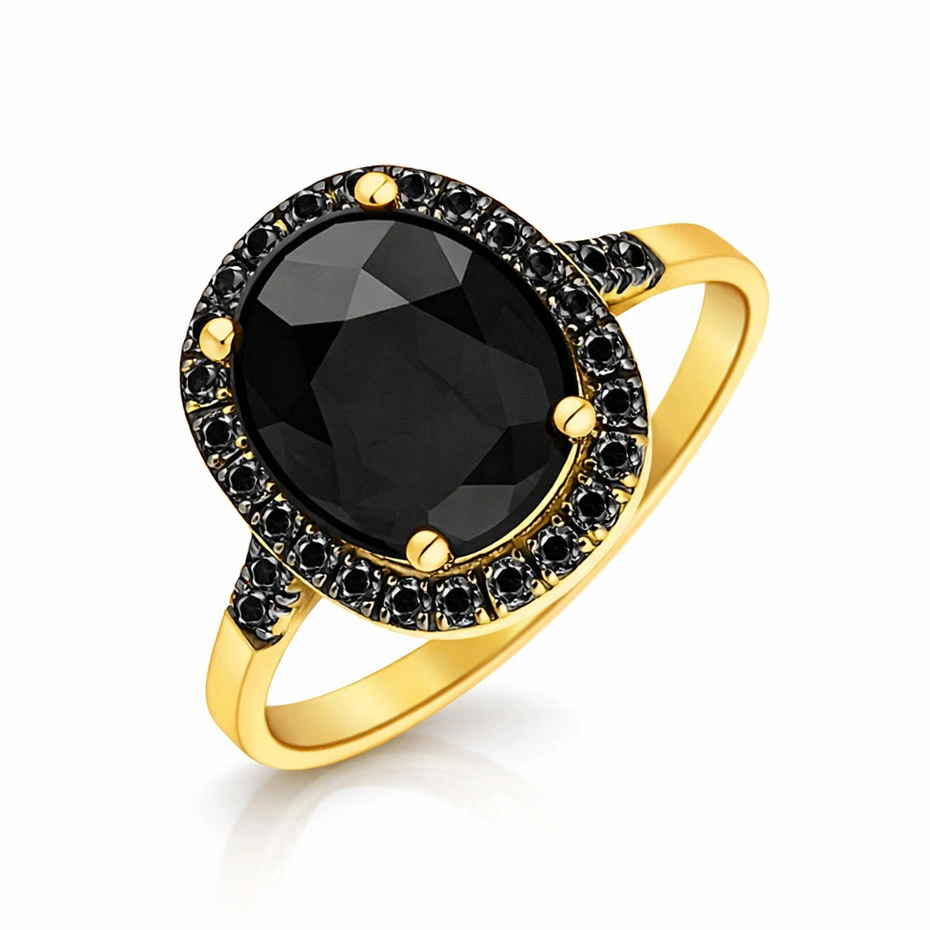 Złoty pierścionek spinel czarne diamenty 585 duży czarny