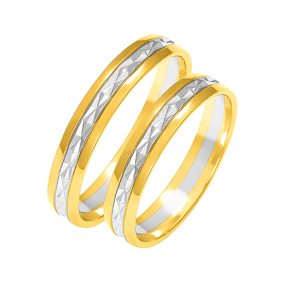 Obrączka ślubna damska: białe i żółte złoto 585, diamentowana, półokrągła, 4 mm