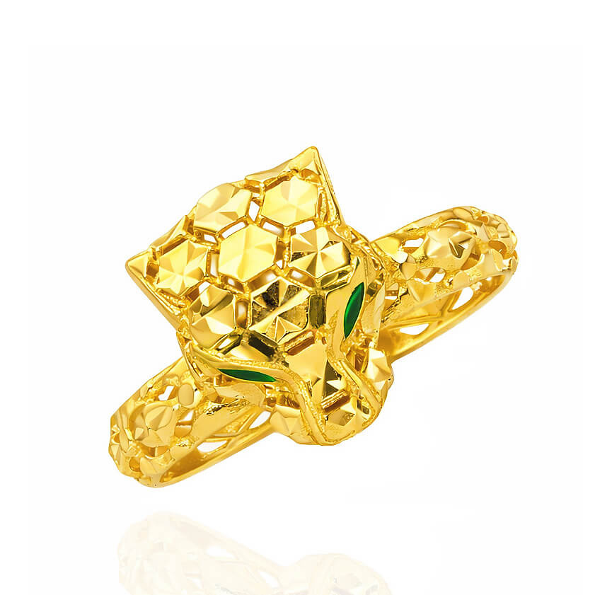 Złoty pierścionek tygrys 585 gepard lampart ażurowy zielone oczy