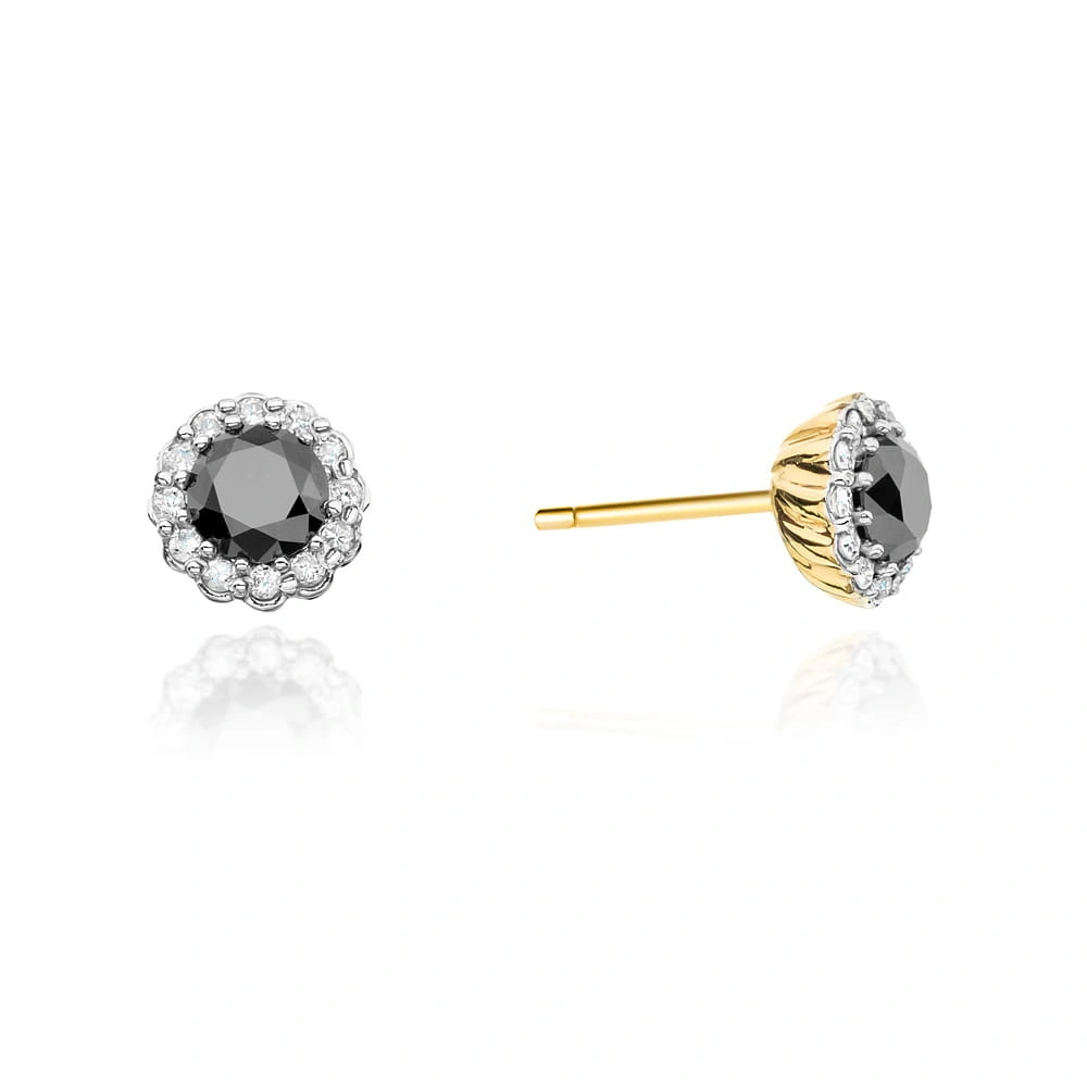 Złote kolczyki z dużym czarnym diamentem 585 czarny brylant 0,50 ct brylanty 0,10 ct sztyft