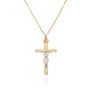 Złoty krzyż 585 Jezus na krzyżu białe złoto Komunia Bierzmowanie 2,5 cm