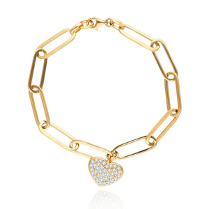 Złota bransoletka damska szeroka 585 ankier duże ogniwa serce z cyrkoniami 
