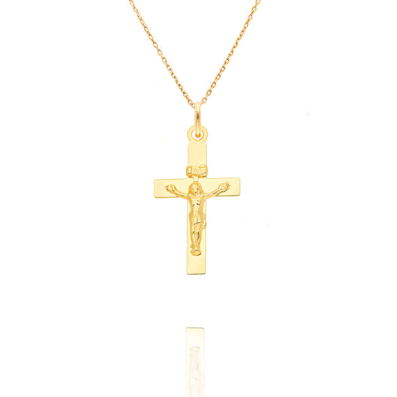 Złota zawieszka krzyżyk 585 Jezus na Krzyżu Chrzest Komunia Bierzmowanie 2,7 cm