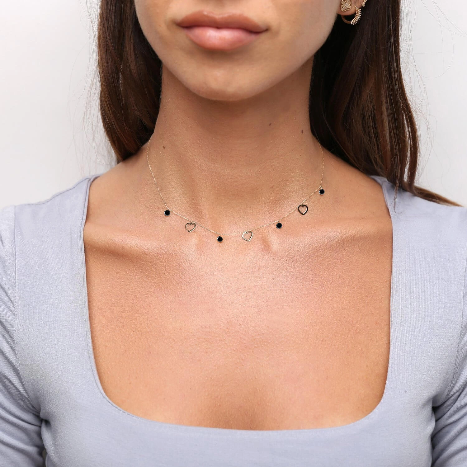 Złoty naszyjnik choker 585 serca i czarne cyrkonie 36-40 cm