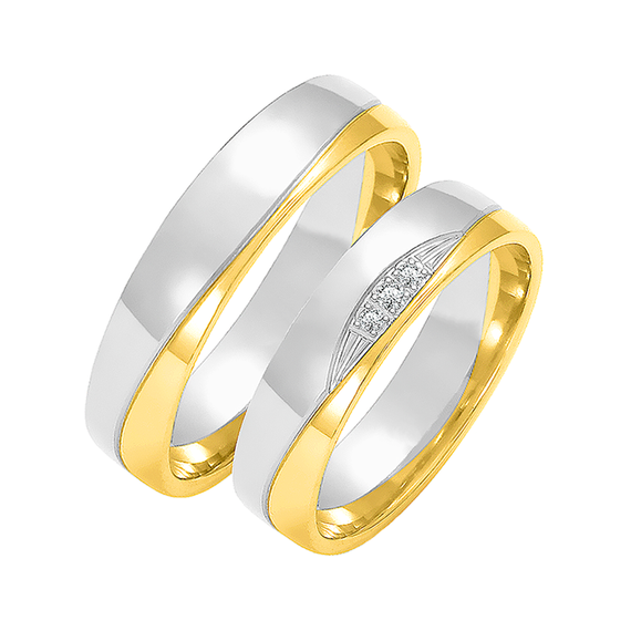 Obrączki ślubne para: białe i żółte złoto 585, diamenty, 5 mm