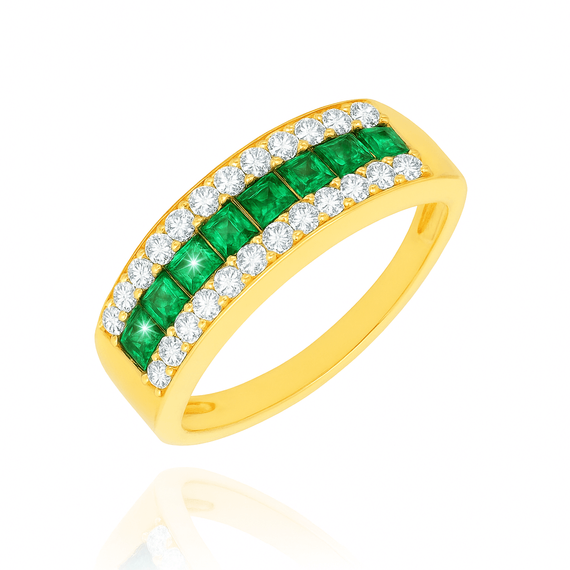 Złoty pierścionek szeroka obrączka ze szamargdami i diamentami 585 brylanty 0,30 ct szmaragdy 0,435 ct