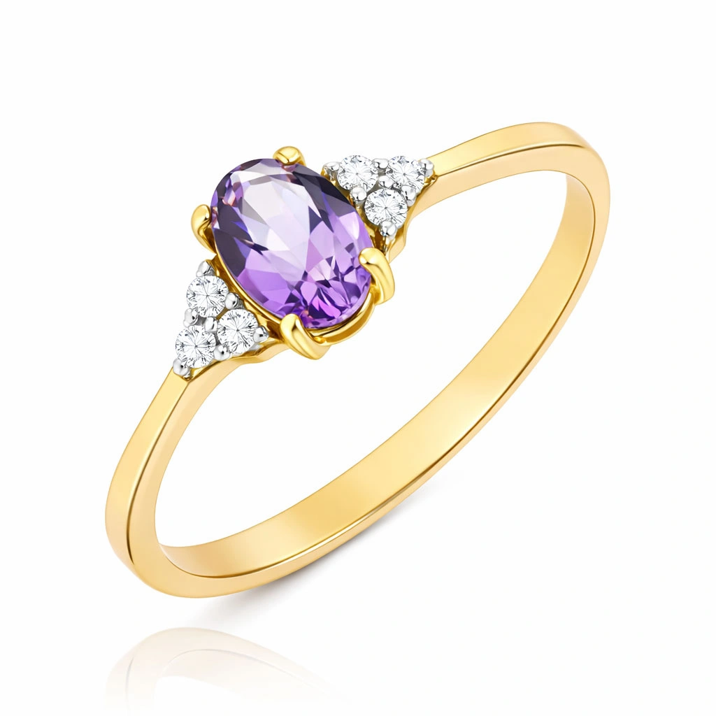 Złoty pierścionek 585 ametyst 0,4 ct diamenty 0,065 ct