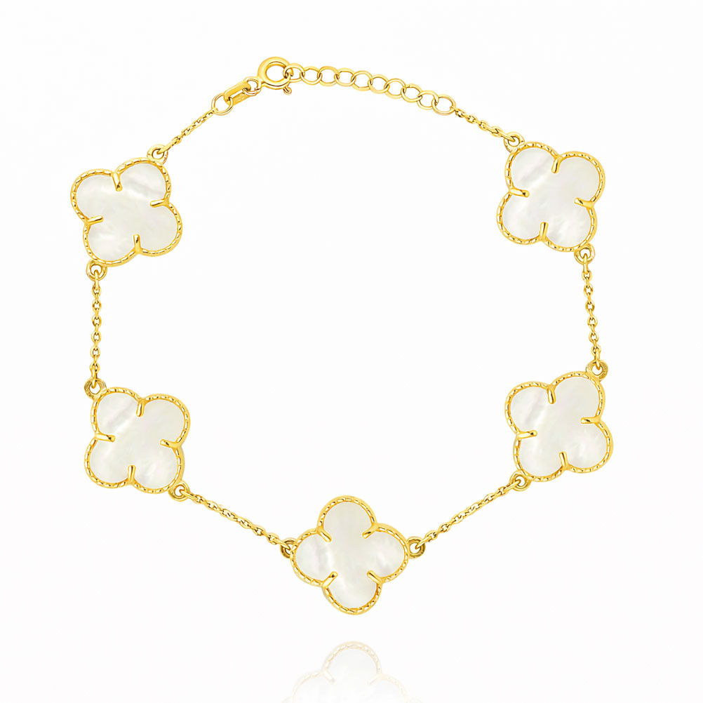 Bransoletka złota duże koniczynki 585 naturalny kamień masa perłowa