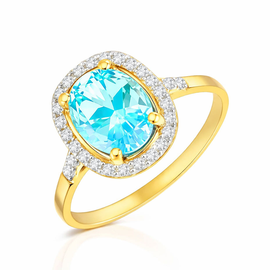 Złoty pierścionek zaręczynowy 585 owalny błękitny topaz swiss 2,45 ct diamenty 0,24 ct