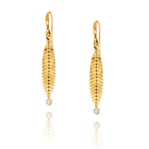 Złote kolczyki wiszące 585 piórka diamentowane cyrkonia bigiel