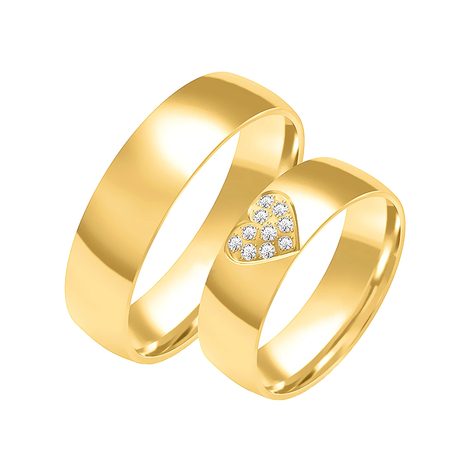 Obrączki ślubne para: złoto 585, diamenty, serce, półokrągłe, 6 mm