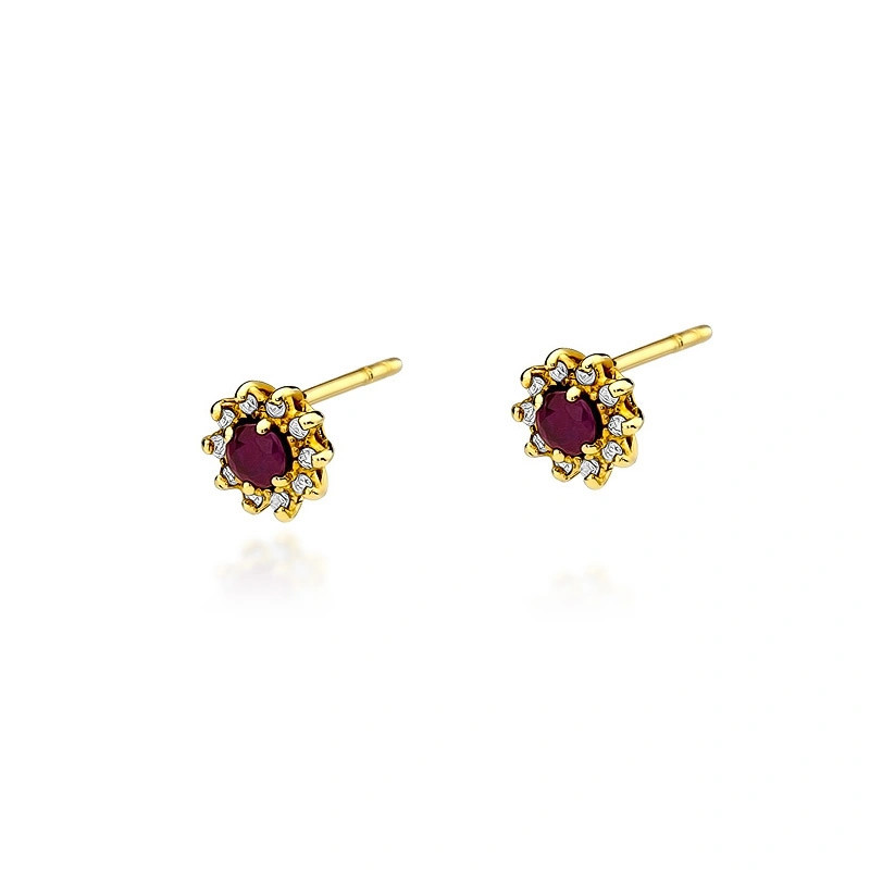 Złote kolczyki 585 okrągłe rubiny diamenty 0,48 ct