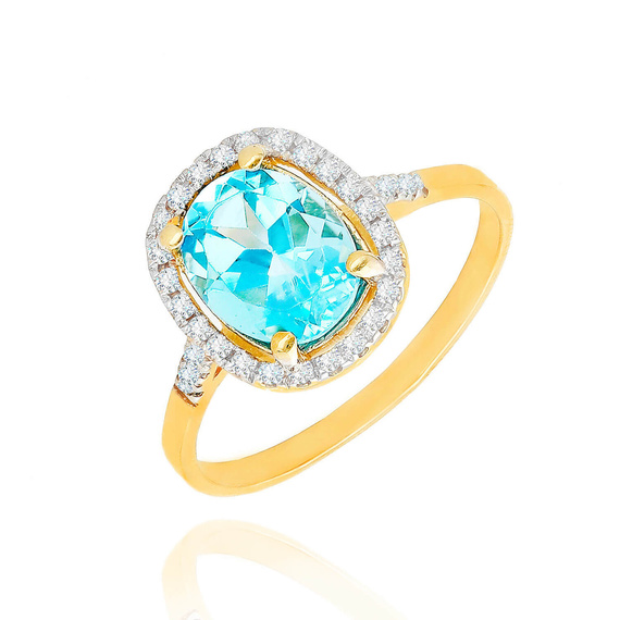 Złoty pierścionek zaręczynowy 585 owalny błękitny topaz swiss 2,45 ct diamenty 0,24 ct