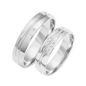 Obrączki ślubne para: białe złoto 585, diamenty, ozdobne tłoczenie, 5 mm