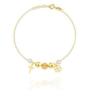 Bransoletka złota kulki z zawieszkami koniczynka krzyżyk 585