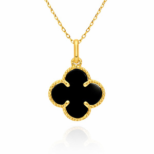 Złota zawieszka duża koniczynka 585 kwiatek czarny onyks 2 cm