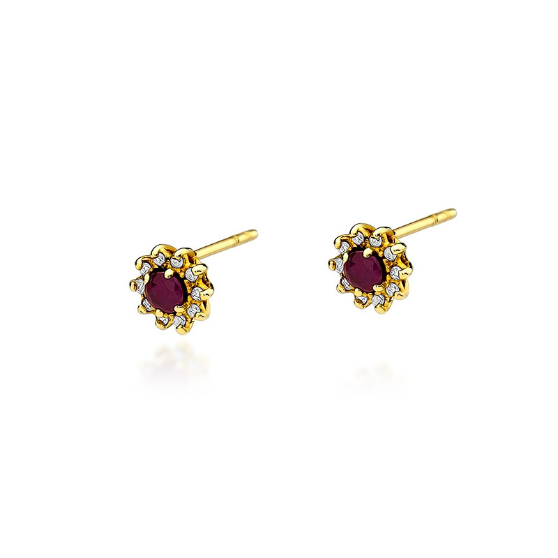 Złote kolczyki 585 okrągłe rubiny diamenty 0,48 ct