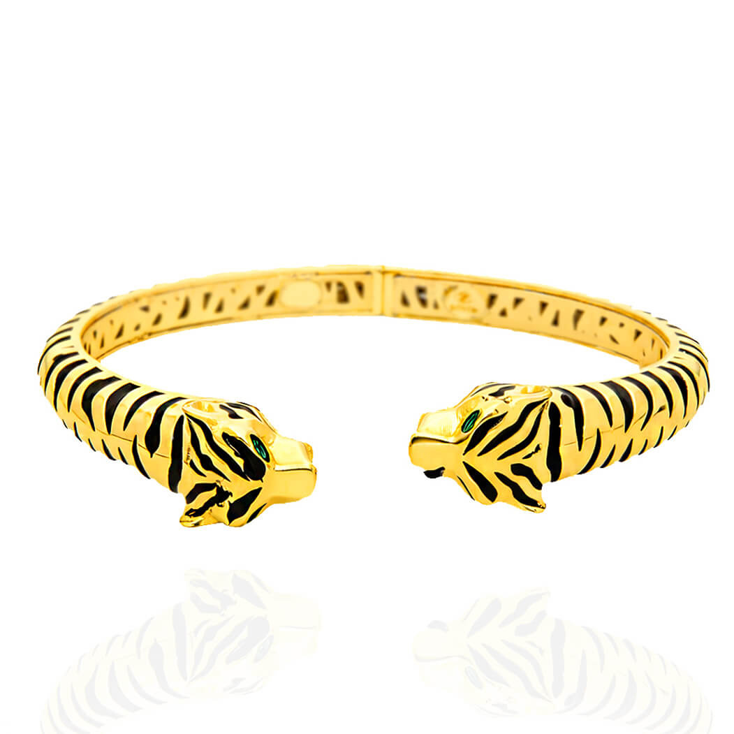Złota bransoletka 585 sztywna tygrys gepard lampart zielone oczy