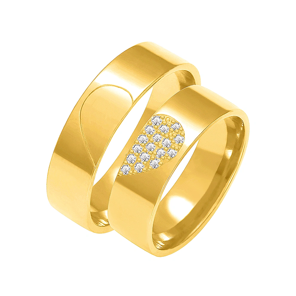 Obrączki ślubne para: złoto 585, diamenty, połówka serca, 6 mm