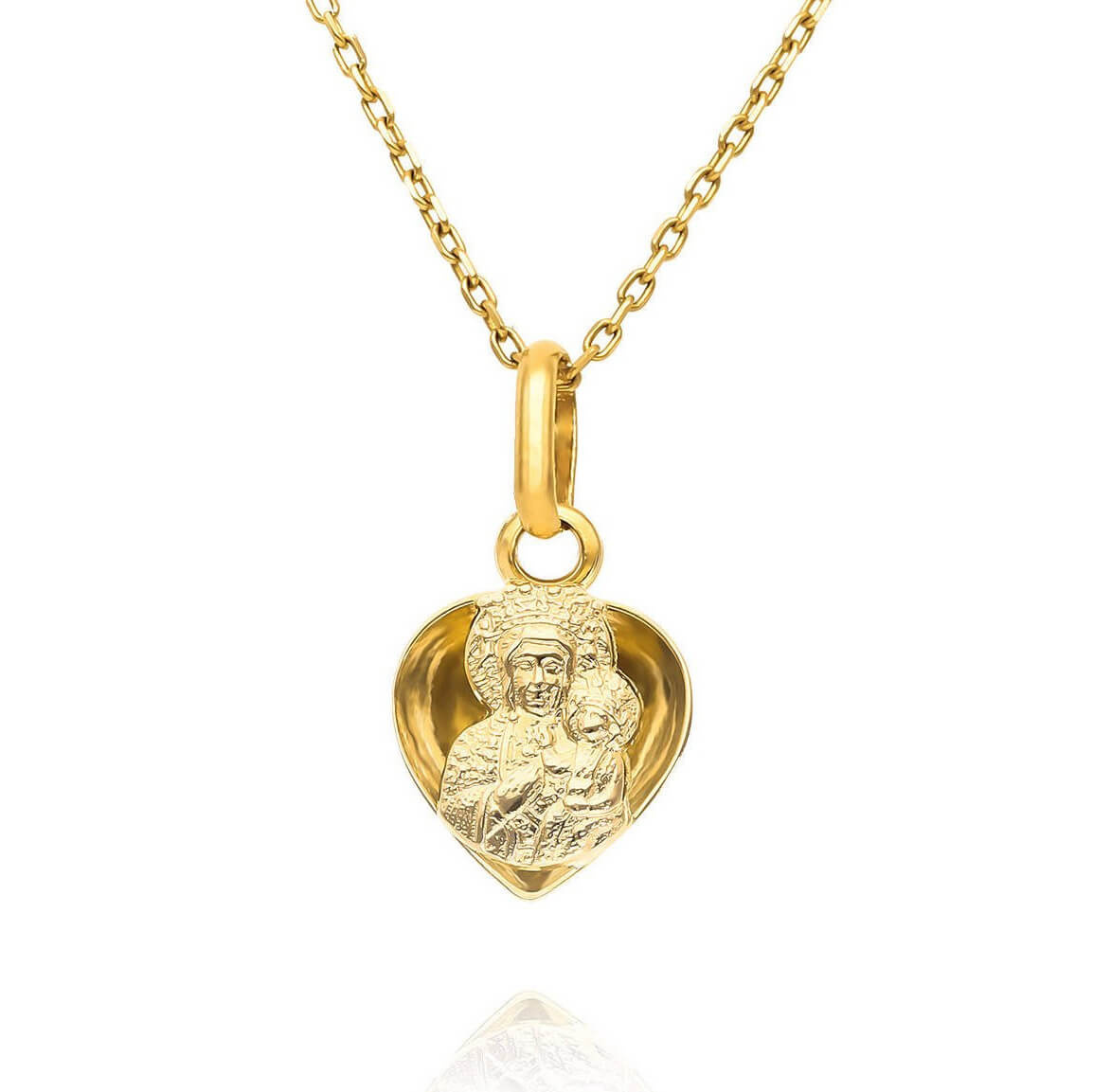 Złoty medalik serce 585 Matka Boska Częstochowska w sercu Jezus Komunia Chrzest 1,6 cm