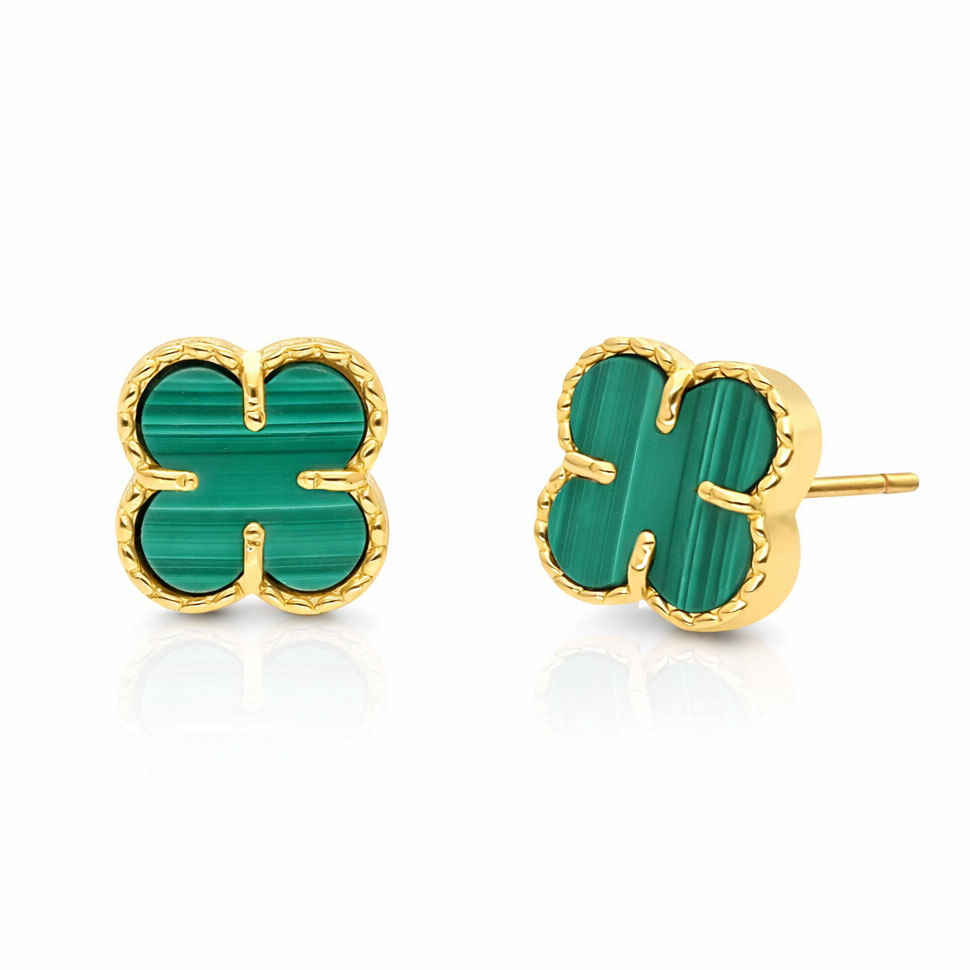 Złote kolczyki koniczyny 585 koniczynki kwiatki malachit naturalny na sztyft