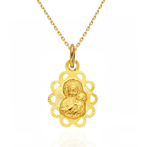 Złota zawieszka medalik ażurowy 585 kwiatek owalny fasetowany Matka Boska Częstochowska z dzieciątkiem Jezus Grawer