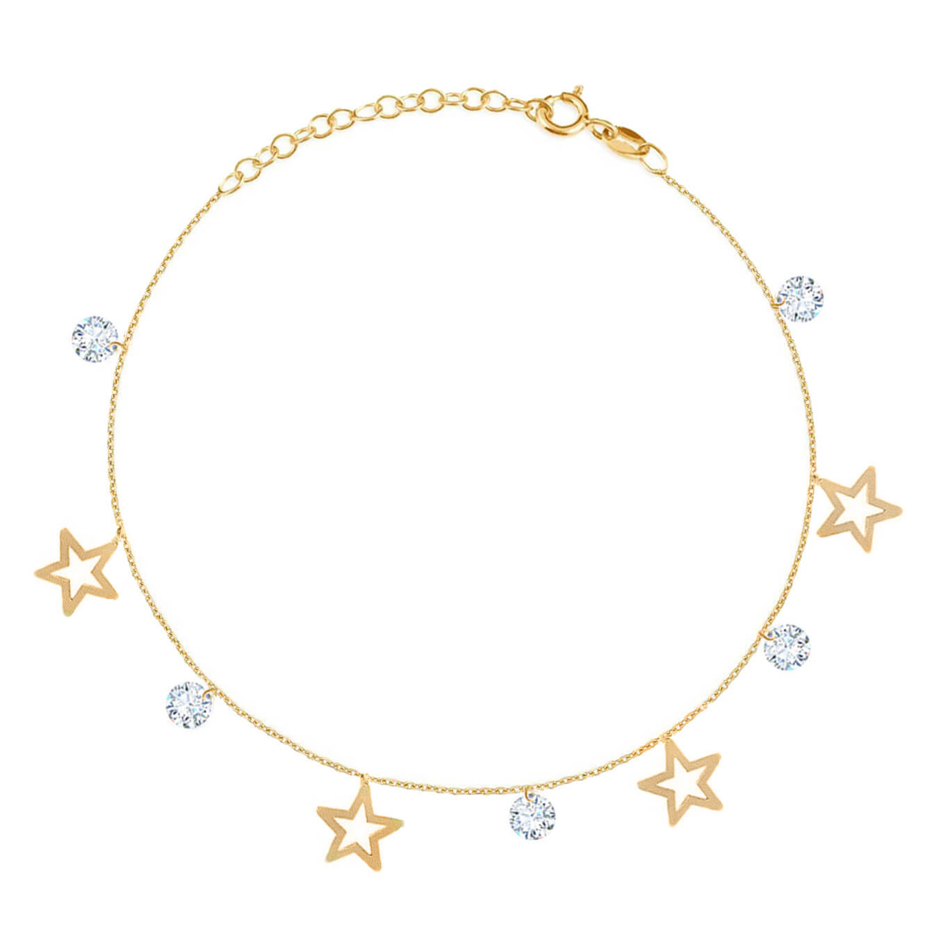 Bransoletka złota na nogę z gwiazdkami 585 celebrytka gwiazdki i białe cyrkonie 23-25 cm