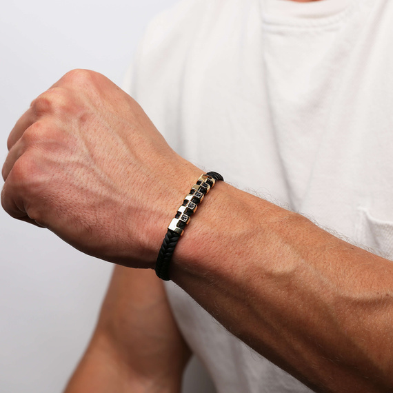 Złota bransoletka męska 585 z czarnymi cyrkoniami kratka warkocz 21 cm Grawer 