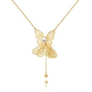 Złota naszyjnik damski motyl z perłą naturalną 585 motylek diamentowany łańcuszek ankier perełka